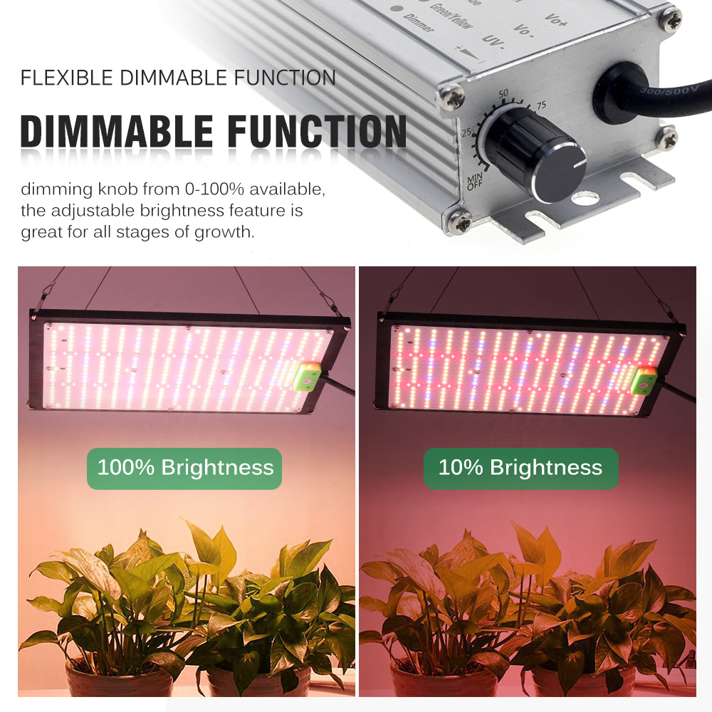 dimming knob from 0-100% available.the adjustable brightness feature isgreat for all stages of growth.